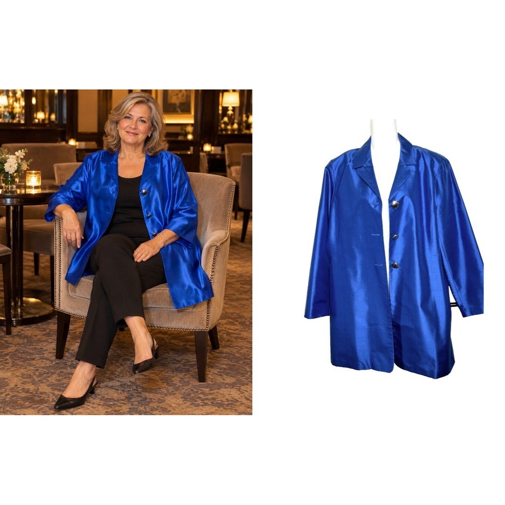 Norm Thompson Silk Topper Jacket Royal Blue Longline Button Up Large Formal Luxe
